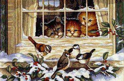 Котята и снегири - котята, животные, птицы, снегирь - оригинал