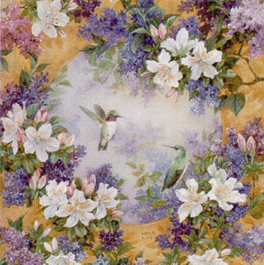 птицы и цветы - панно, сирень, подушка, цветы, весна, птицы, нежность - предпросмотр