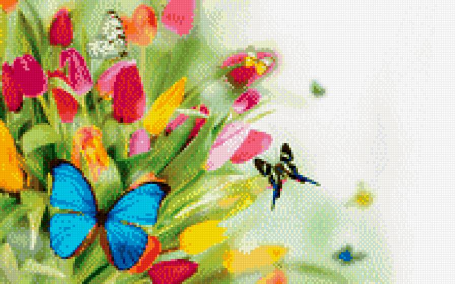 Весенний букет - на белом фоне, тюльпаны, бабочки, весна, букет - предпросмотр