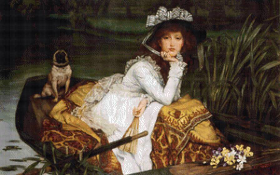 прогулка - портрет, озеро, лодка, девушка, собака, картина - предпросмотр