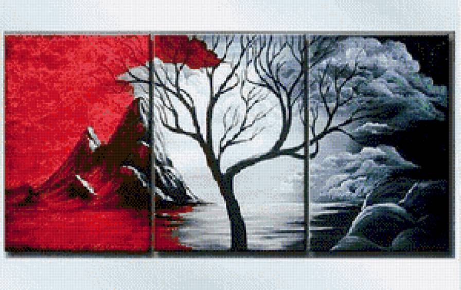 дерево - триптих, дерево, черное и красное - предпросмотр