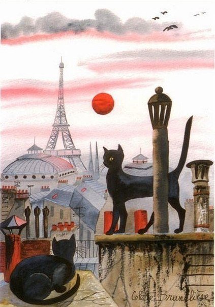Свидание на крыше - кошка, коыша, башня, свидание, кот, париж - оригинал