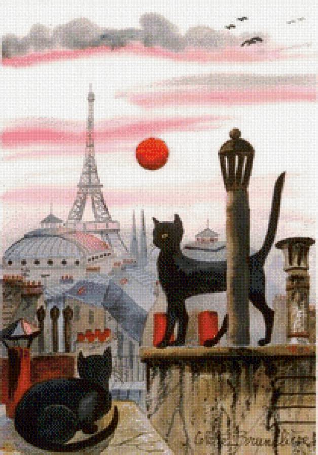 Свидание на крыше - париж, коыша, башня, кот, кошка, свидание - предпросмотр