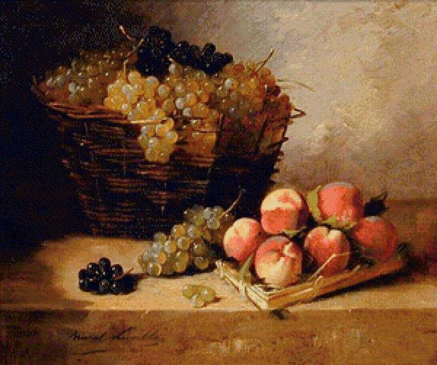 Корзина с фруктами - натюрморт, корзина, стол, персик, виноград - предпросмотр