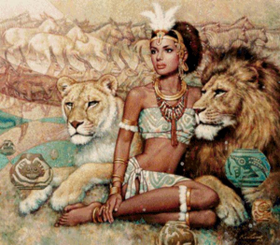 красавица со львами - девушка, львы, египет, животные, кошки, женщина, красавица - предпросмотр