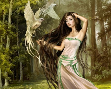лесная нимфа - девушка, голуби, фэнтези, лес, женщина, природа, нимфа - оригинал
