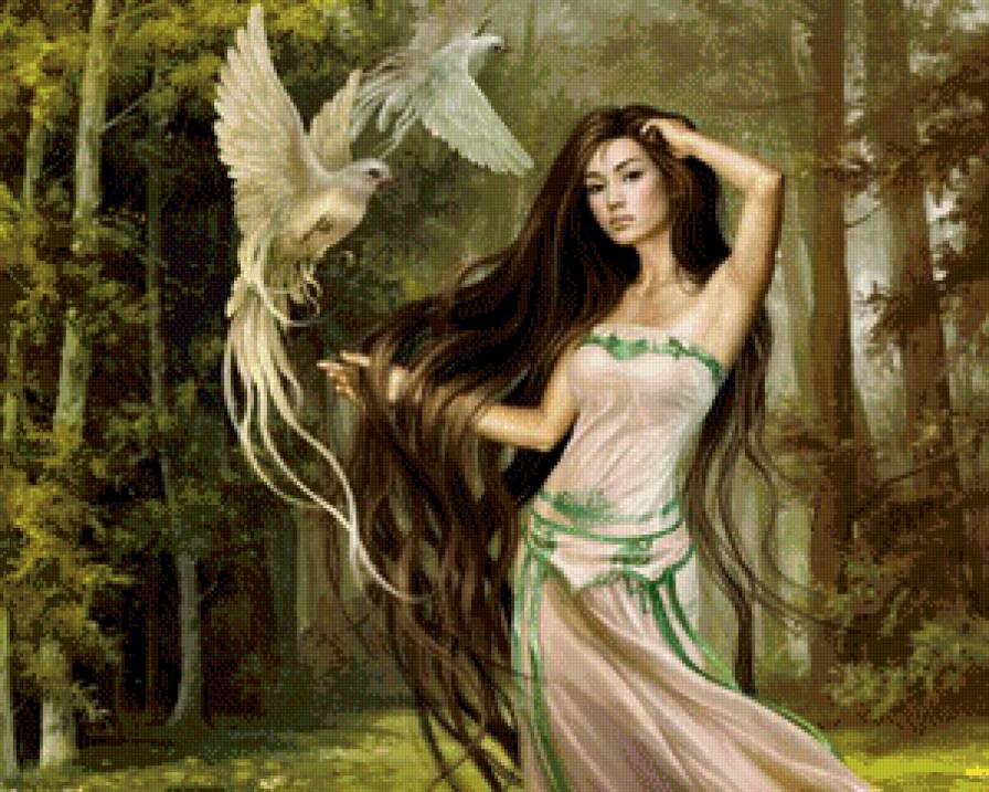 лесная нимфа - природа, лес, женщина, фэнтези, голуби, нимфа, девушка - предпросмотр