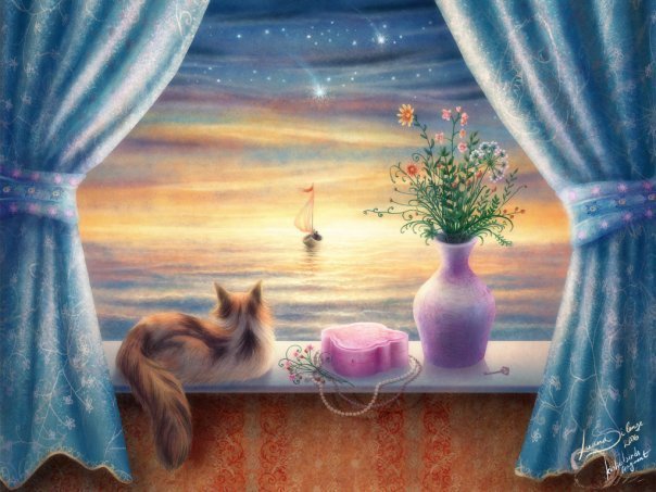 Вид из окна - небо, окно, море, кошка, ваза, парусник - оригинал