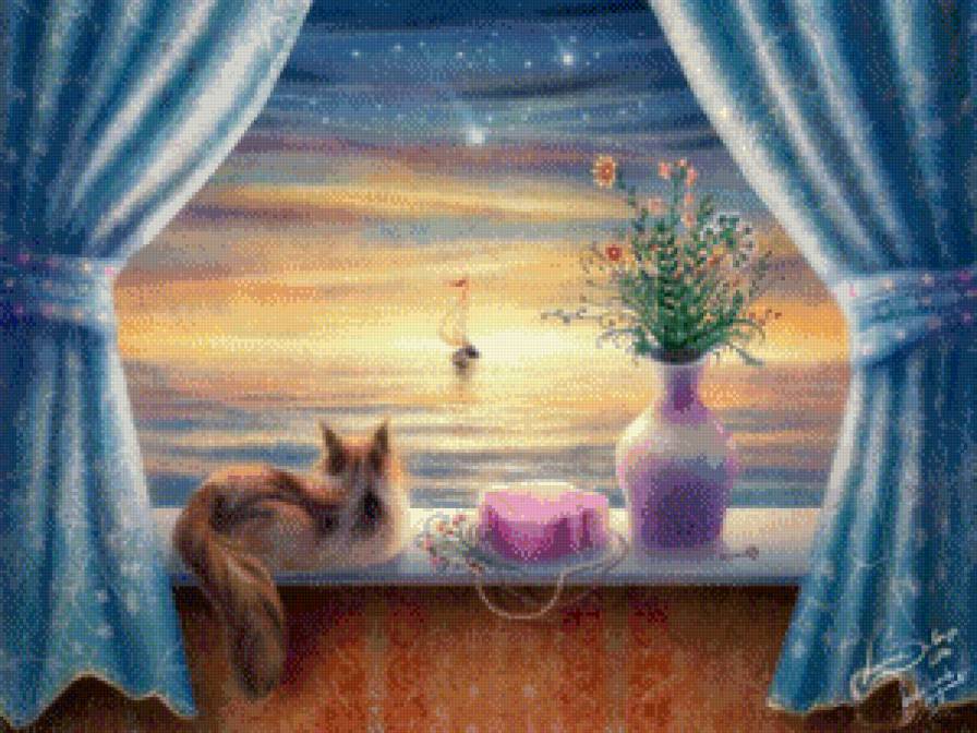 Вид из окна - парусник, окно, море, ваза, кошка, небо - предпросмотр