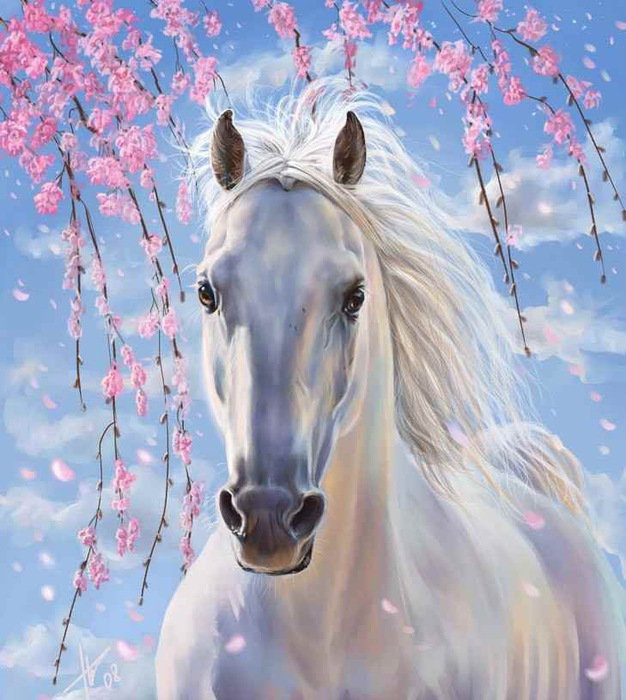 Веточка сакуры - лошади - оригинал