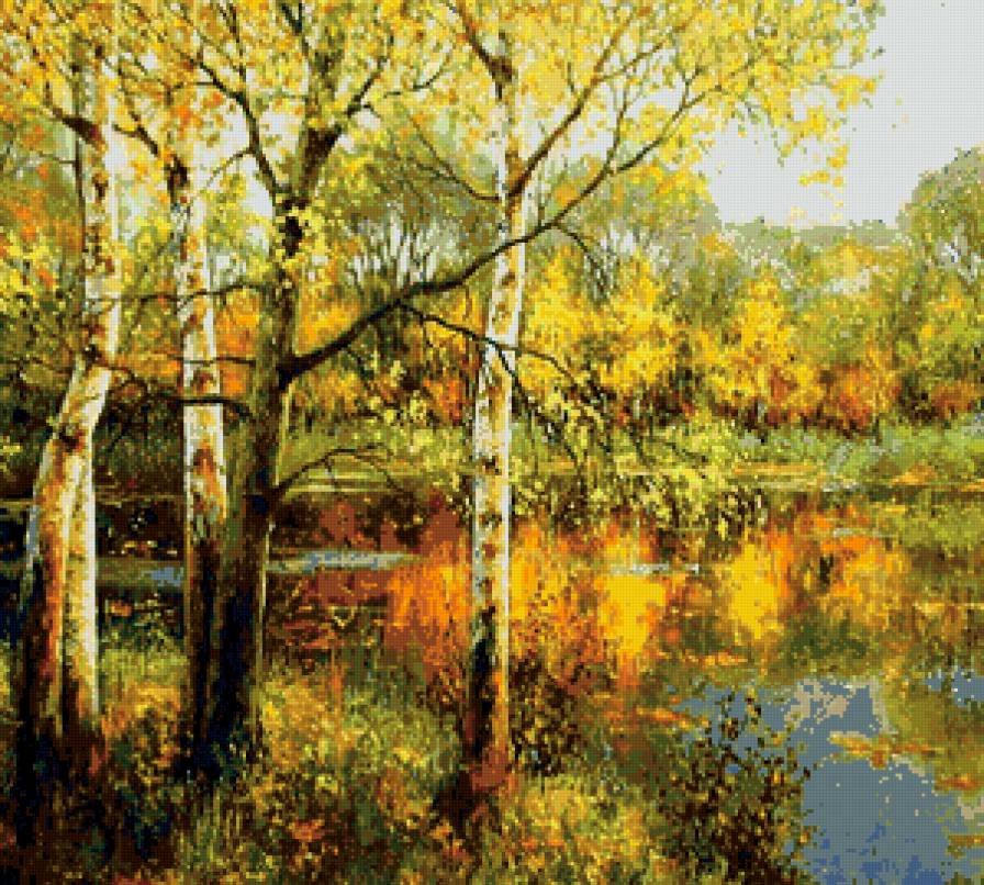 березки у воды - пейзаж, природа, осень, лес, березы, озеро - предпросмотр