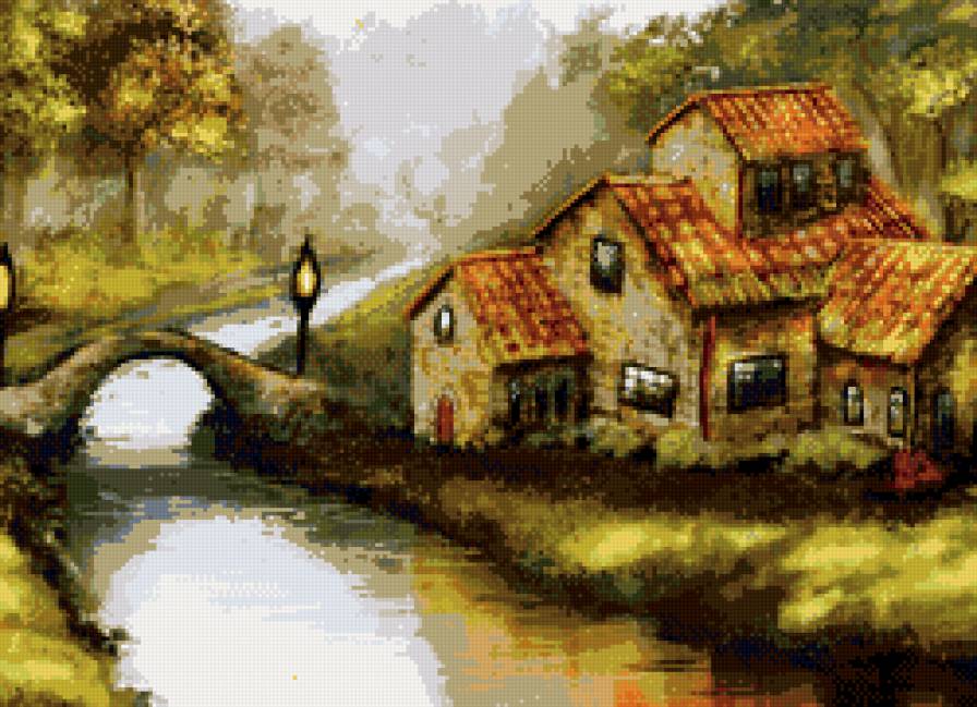 дом на берегу - река, картина, фонарь, дом, пейзаж - предпросмотр