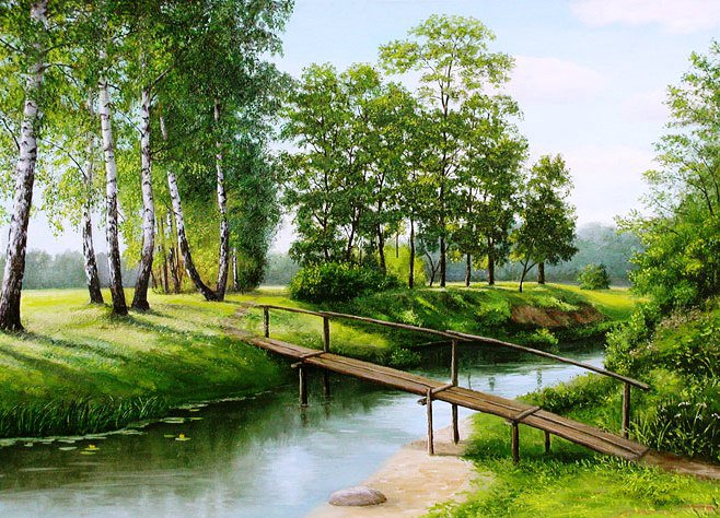 березки у воды - пейзаж, березы, лес, природа, ручей - оригинал