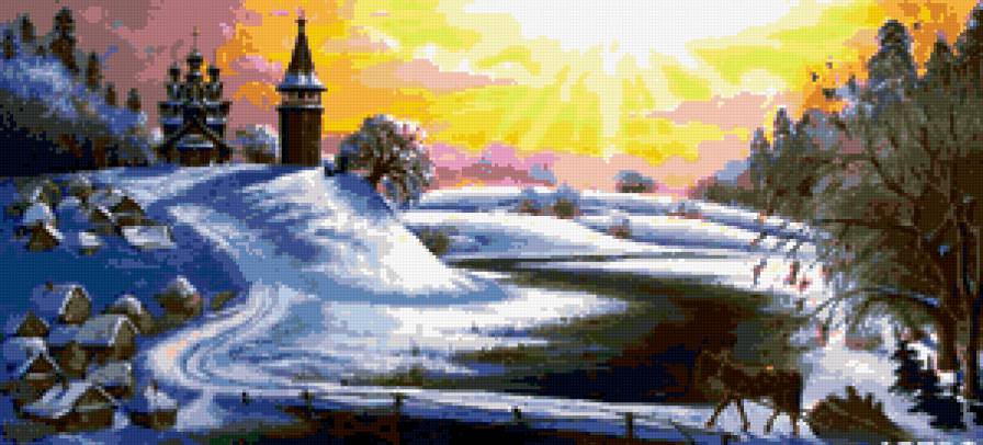 закат над деревенькой - пейзаж, храм, снег, зима - предпросмотр