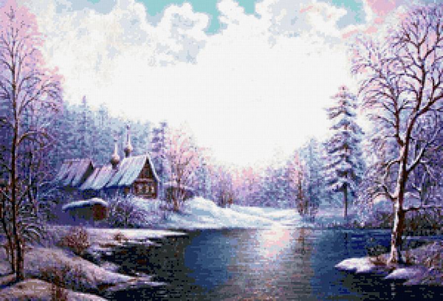 восход над озером - озеро, храм, зима, снег, пейзаж - предпросмотр