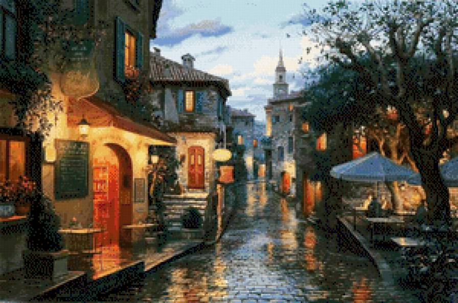 Городской пейзаж - город, вечер, улочка, кафе - предпросмотр