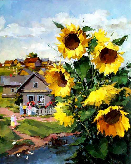 домик в деревне - огород, подсолнухи, речка, домик, живопись - оригинал