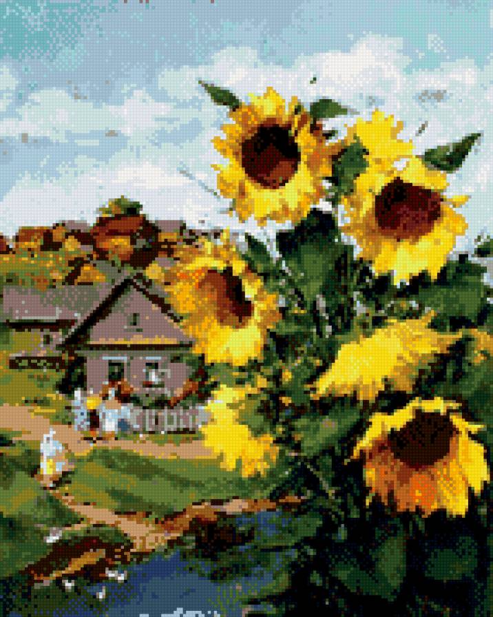 домик в деревне - огород, живопись, домик, речка, подсолнухи - предпросмотр