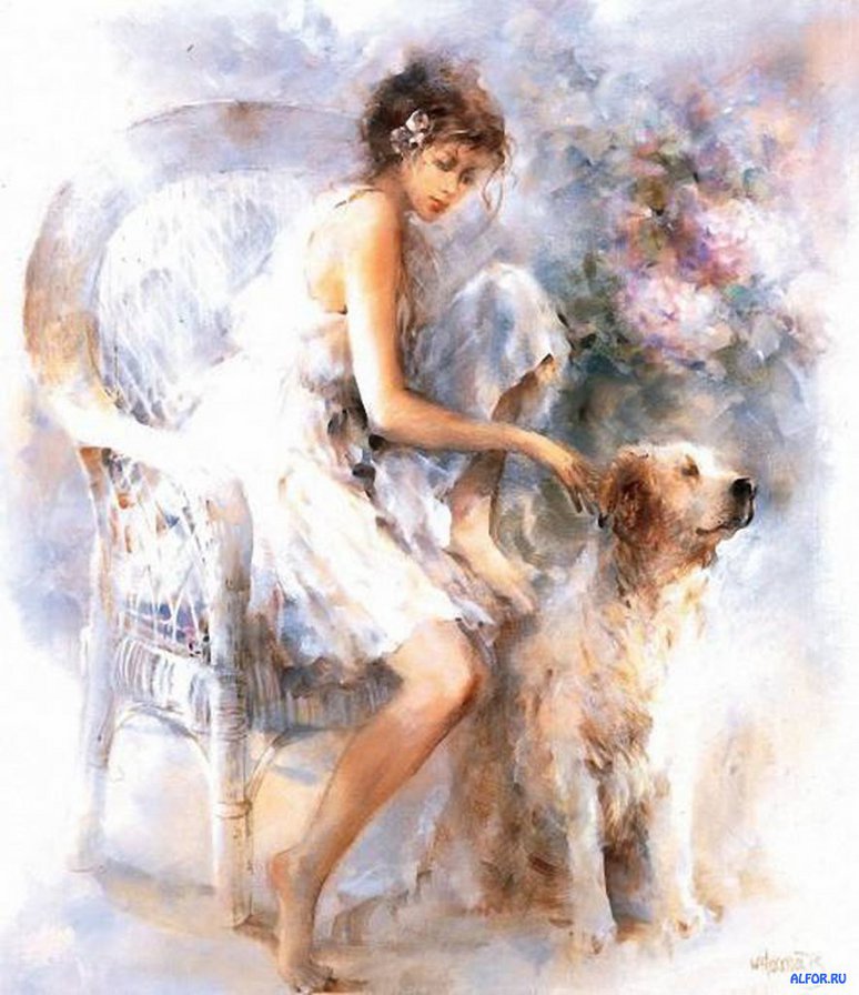 девушка с собачкой - картина, ласка, пес, дама, собака - оригинал