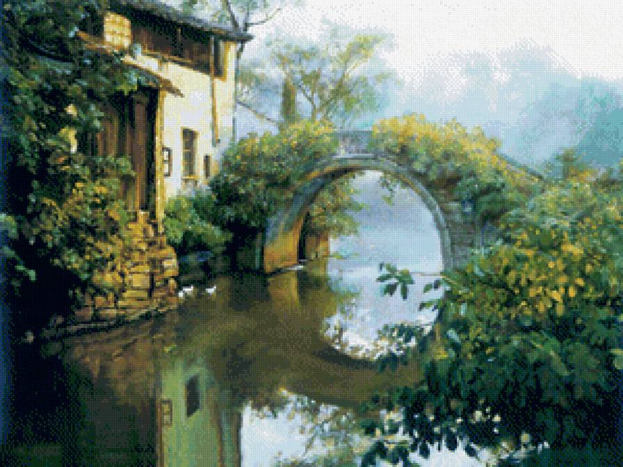 мост - мост, река, природа, живопись, пейзаж - предпросмотр