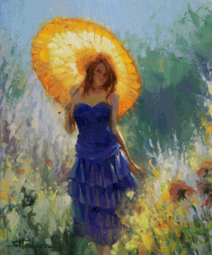 девушка под зонтиком - девушка, природа, сад, лето, зонтик, птицы, жара - предпросмотр