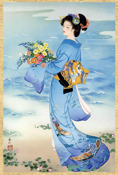 японка - живопись, море, девушка - оригинал