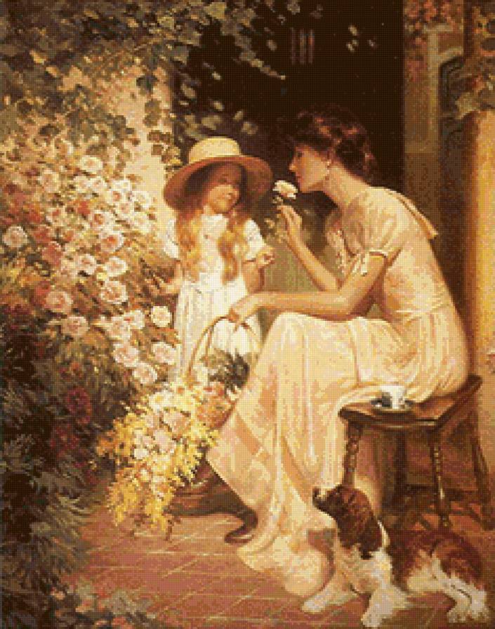 картина - девушка, живопись, дети, цветы - предпросмотр