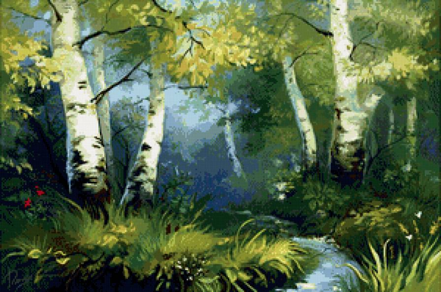 лесной ручей - пейзаж, лес, березы, ручей, природа - предпросмотр