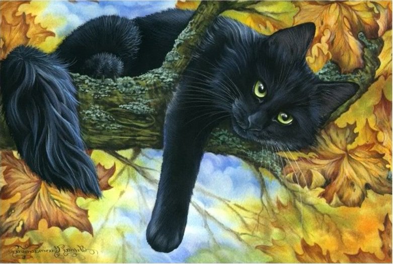 Кот на дереве - кот, дерево, животные - оригинал