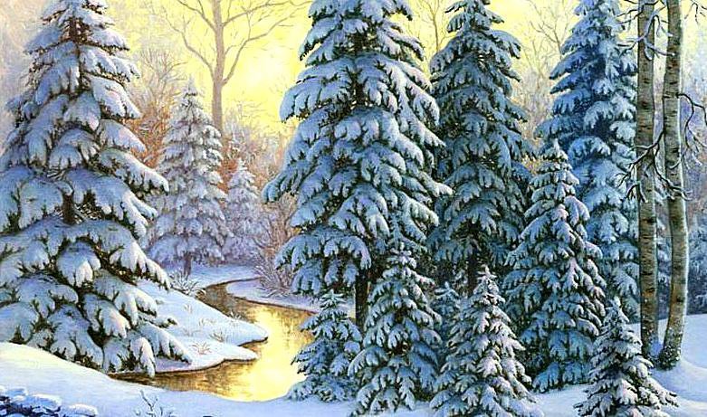 зимний лес - зима, пейзаж, снег, лес, река - оригинал