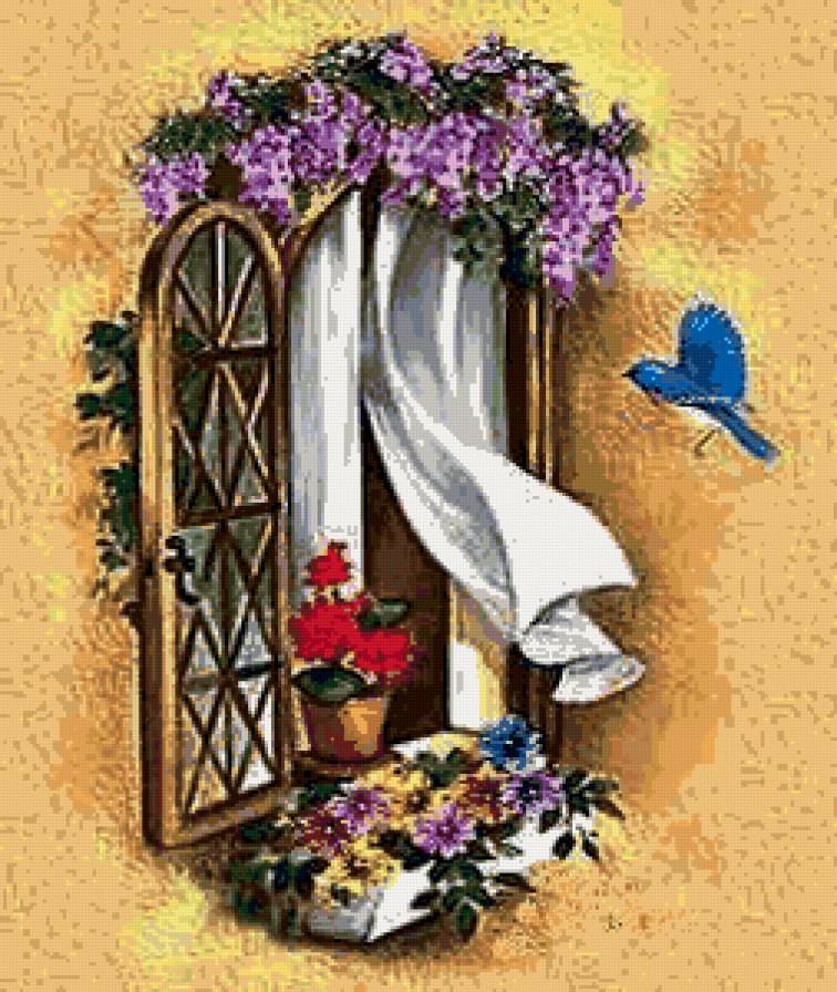 пано с окном - птицы, пано, цветы, природа - предпросмотр