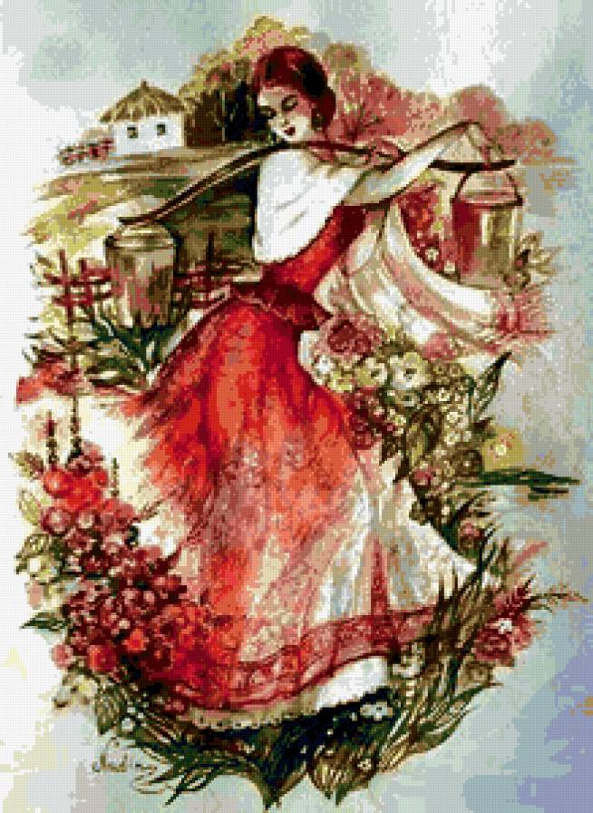 казачка - картина, пейзаж, цветы, девушка, дом - предпросмотр