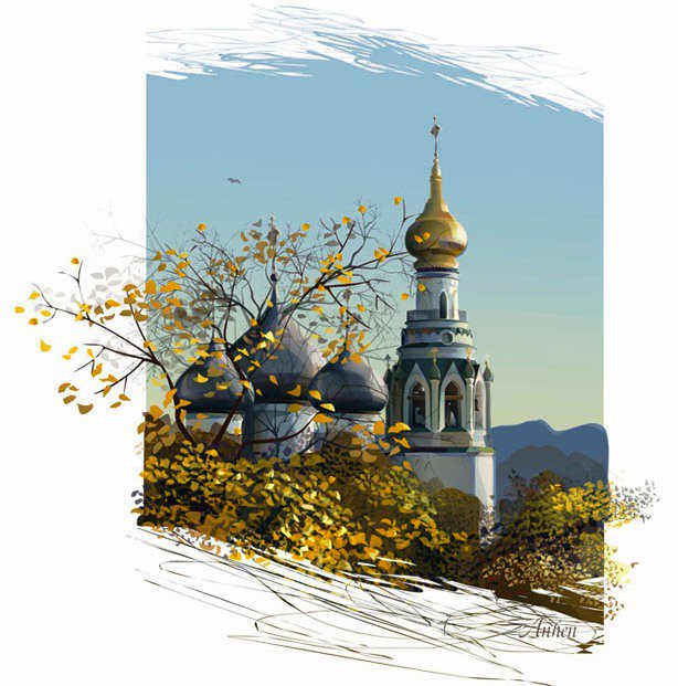 храм - природа, церковь, осень, храм, листья - оригинал