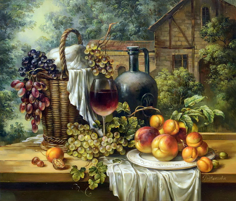 картина - ваза, натюрморт, фрукты - оригинал