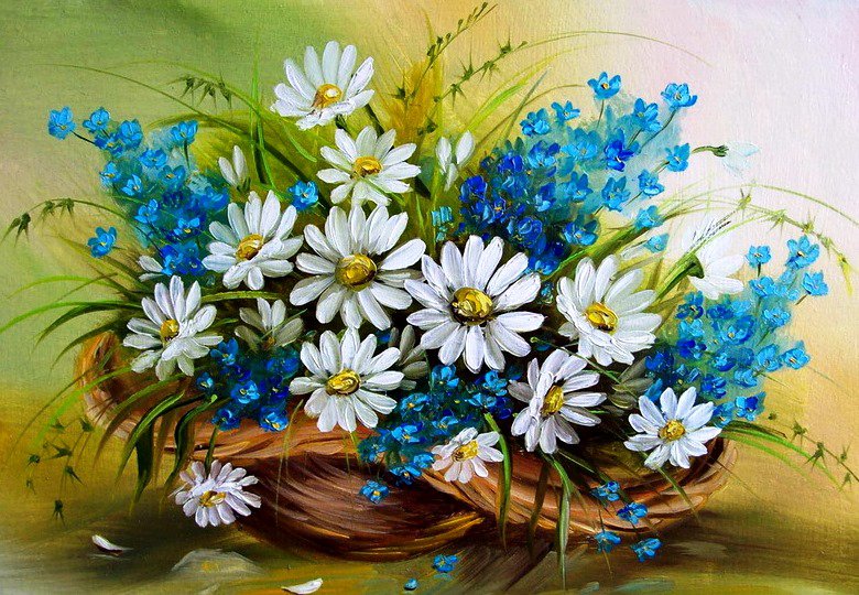 Летнее настроение - незабудки, ромашки, колокольчики, шляпа, цветы, букет, ромашка, цветок - оригинал