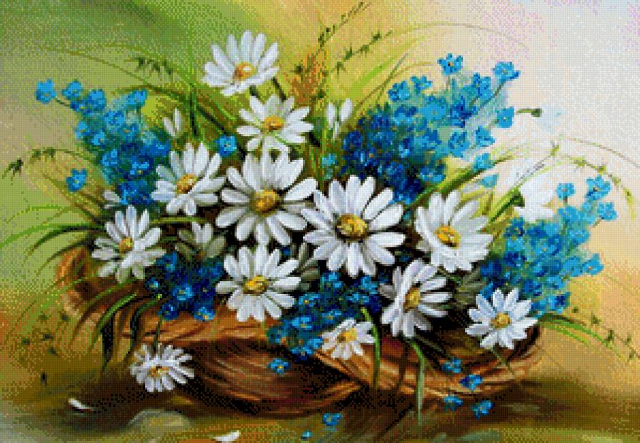 Летнее настроение - цветок, ромашки, букет, ромашка, цветы, колокольчики, незабудки, шляпа - предпросмотр