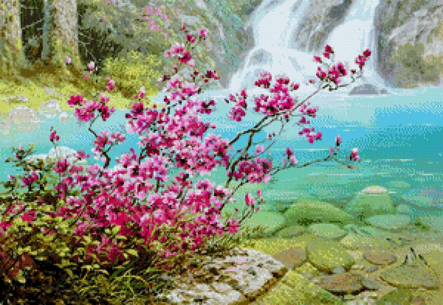 Водопад - природа, вода, цветы, розовое - предпросмотр
