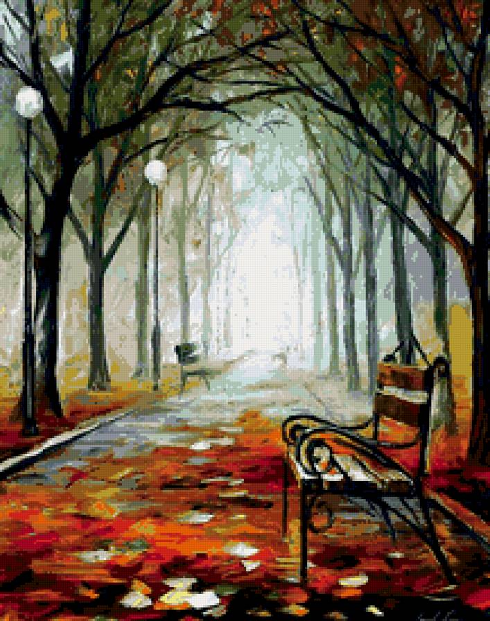 осень туманная - листья, фонарь, деревья, осень - предпросмотр