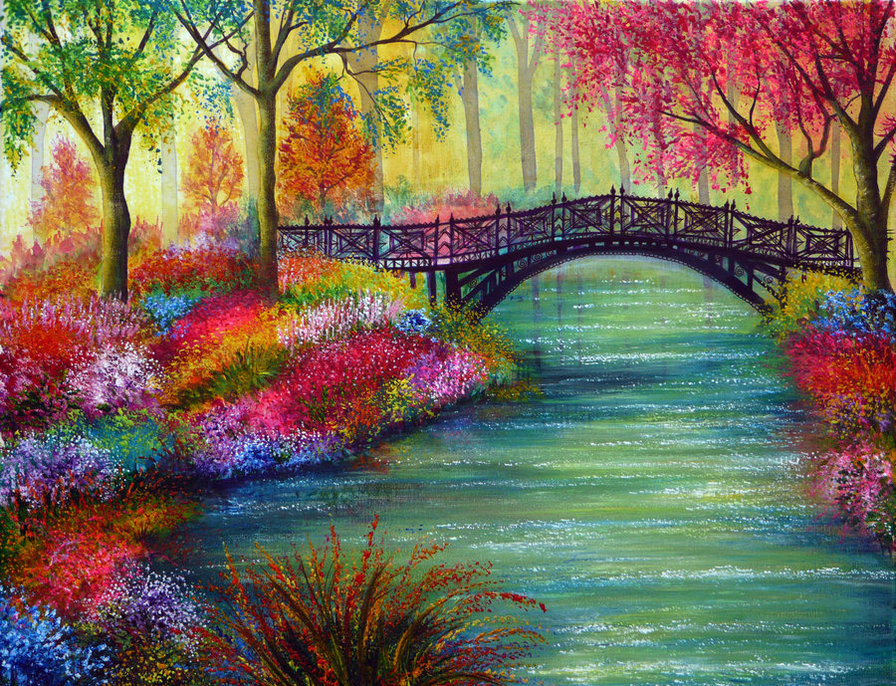 мост в саду - природа, мост, живопись, девушка, лес, пейзаж, сад, классика - оригинал