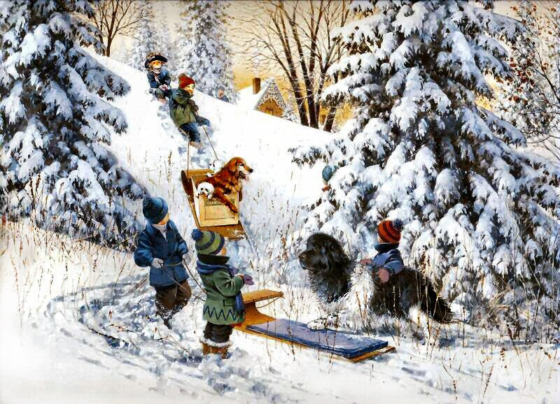зима - снег, зима, дети, веселье, животные - оригинал