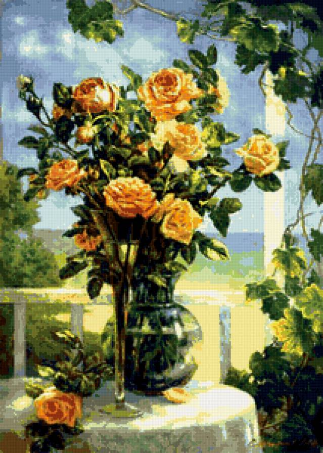 на террасе - цветы, розы, пано - предпросмотр