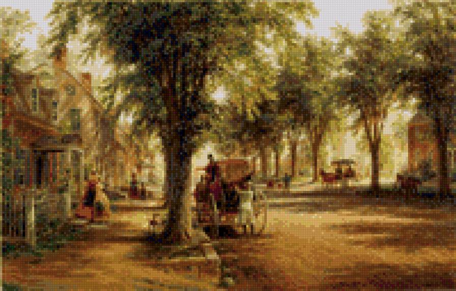 поселок - улица, карета, дома, аллея, экипаж - предпросмотр