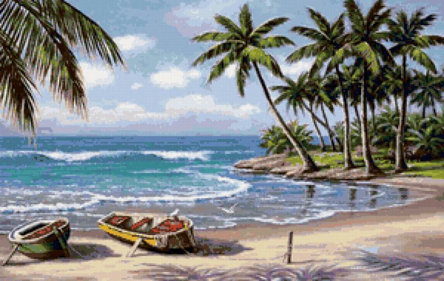 пейзаж с пальмами - море, лодка, пейзаж - предпросмотр