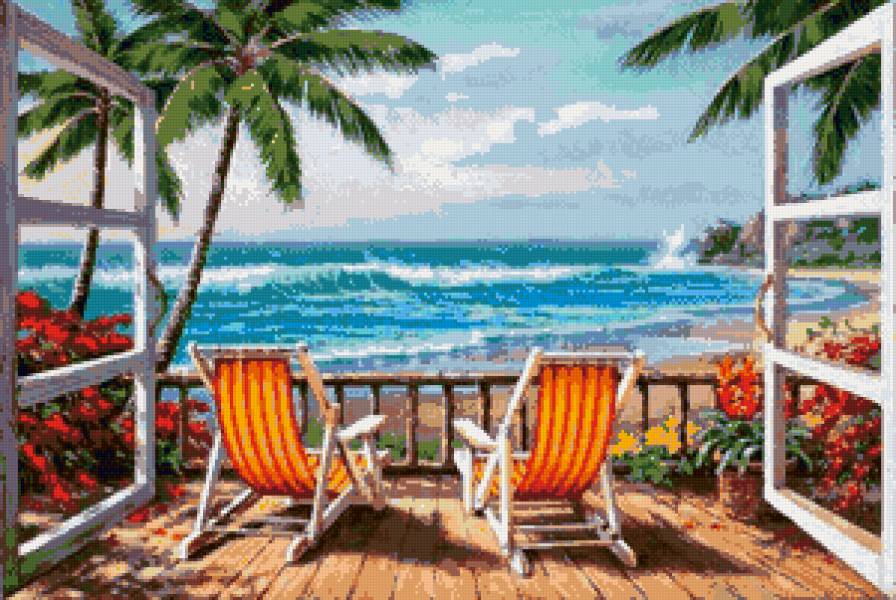 вид из окна - цветы, пейзаж, море - предпросмотр