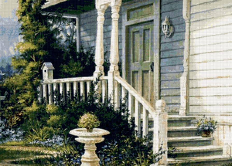 уютный дворик - пейзаж, цветы, дом - предпросмотр