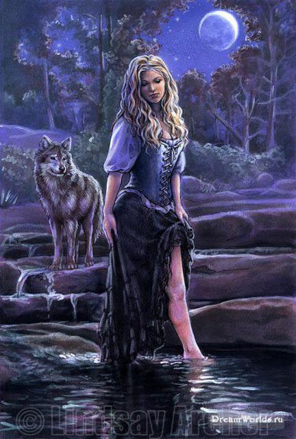 девушка и волк - волк, с волком, девушка, вечер, река - оригинал