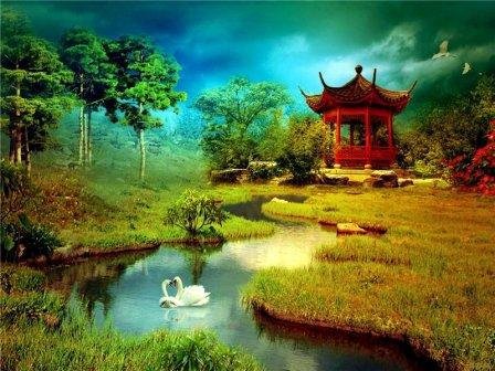 японский сад с лебедями - осень, япония, пейзаж, домик, лебеди, пруд, природа - оригинал