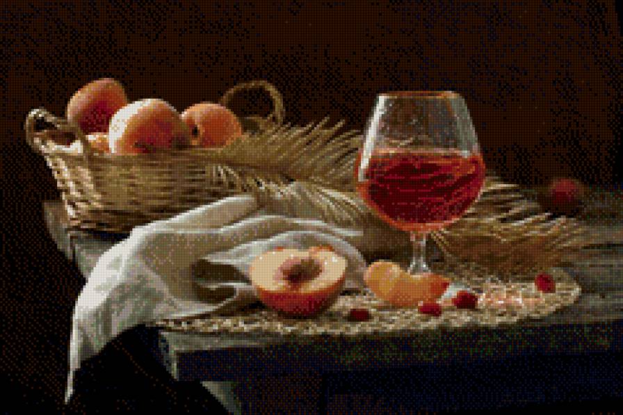 Персики с вином - натюрморт с вином, натюрморт - предпросмотр