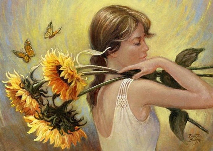 девушка с подсолнухами - цветы, бабочки, картина, девушка - оригинал