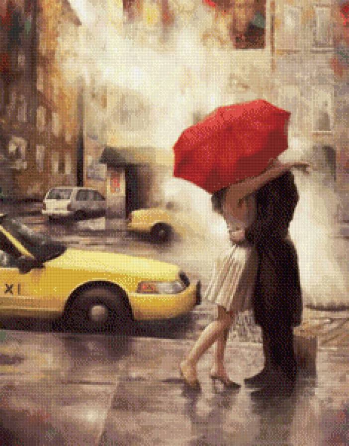поцелуй под зонтом - картина город пара улица - предпросмотр